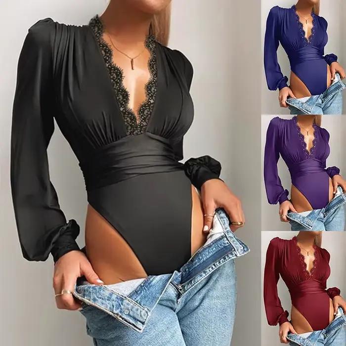 Sexy čipkovaný body s dlhými rukávmi pre ženy