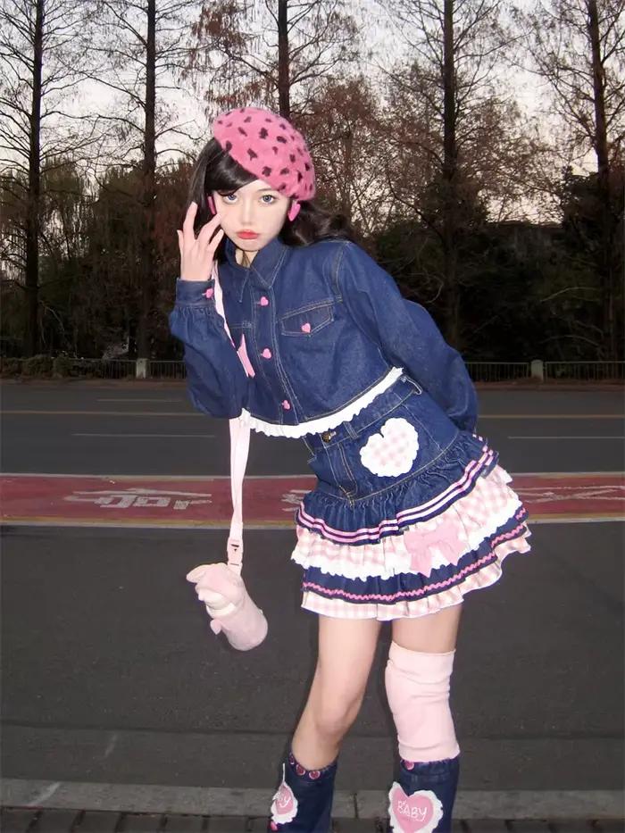 Jemná japonská Lolita mini sukňa plesové šaty pre ženy Harajuku roztomilá džínsová