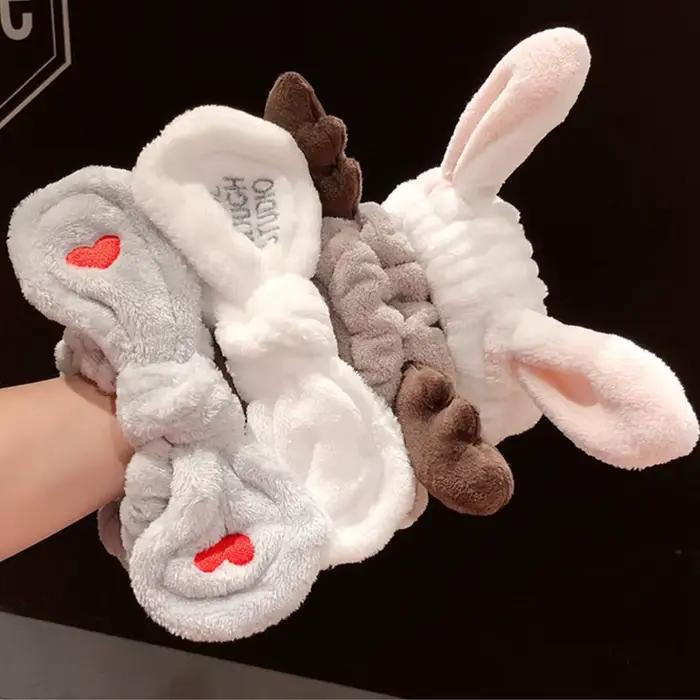 Mäkký a teplý čelenka z coral fleece s mašľou a zvieracími ušami na umývanie tváre pre ženy a dievčatá
