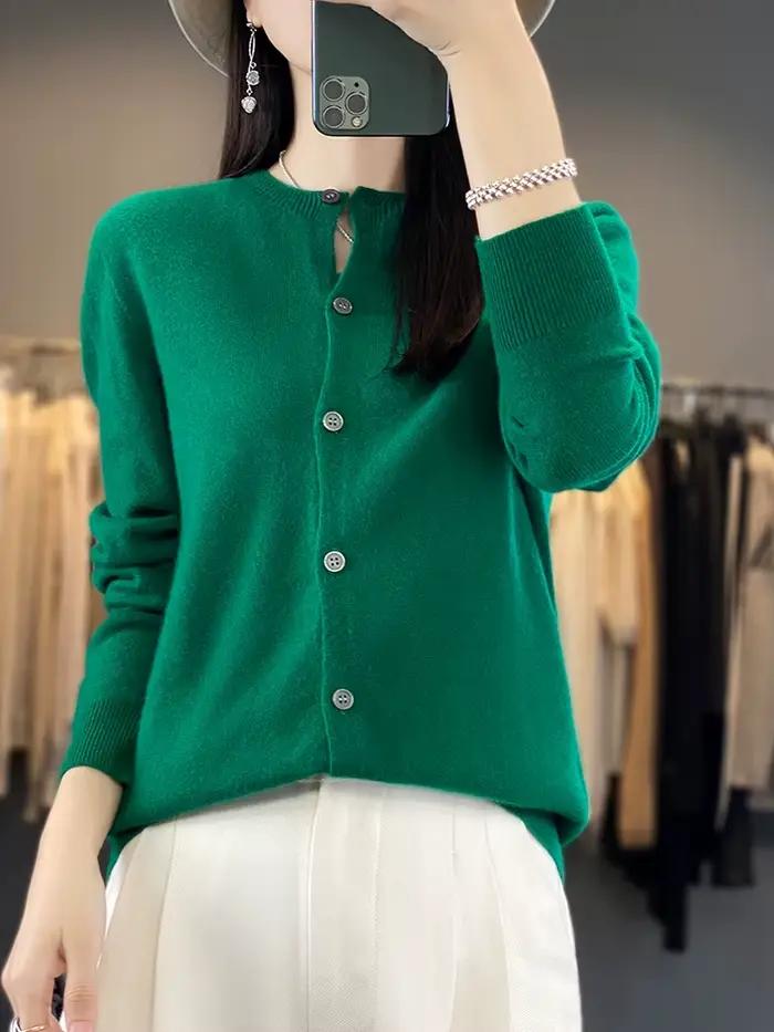 100% merino vlna pulóver pre ženy okrúhly výstrih Cardigan základný štýl gombíkový úplet pre