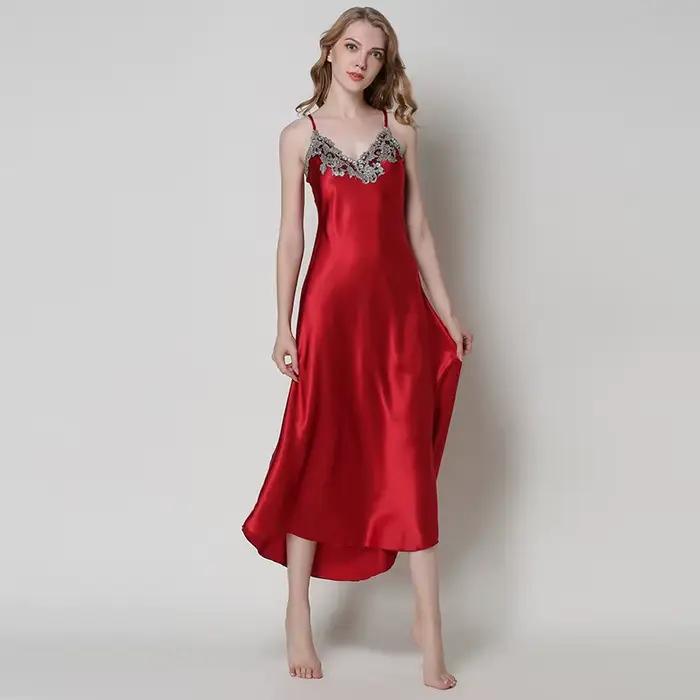 Chemise de nuit en satin de dentelle pour femmes, chemise de nuit sexy, chemise longue, vêtements de nuit