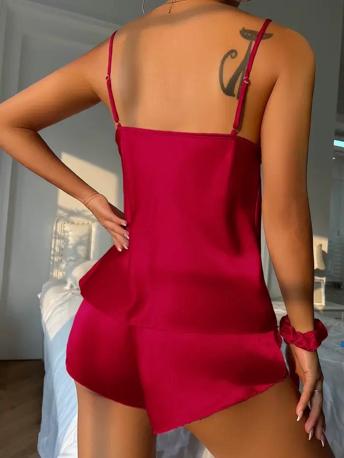 Ensemble de pyjama d'été en satin de soie pour femme, haut de pyjama à col en V profond et short à taille élastique, vêtements de maison et de détente