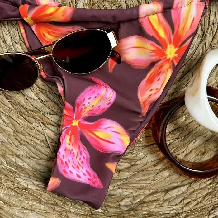 Micro bikini sexy bleu ciel à imprimé floral 2026 pour femme, avec soutien-gorge push-up et string plissé, maillot de bain de plage et de vacances