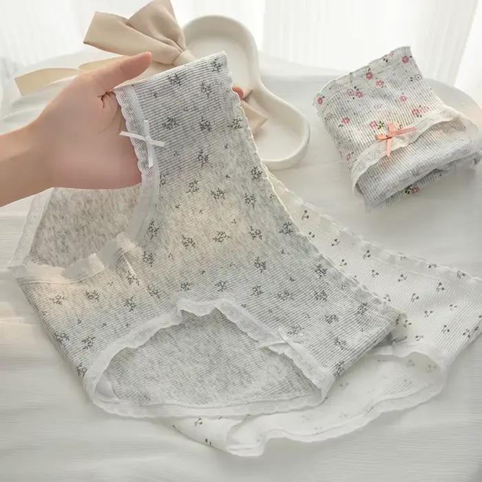 Doux fleur imprimé taille moyenne confortable fille culottes femmes slips mode nœud papillon caleçons été coton culottes intimes