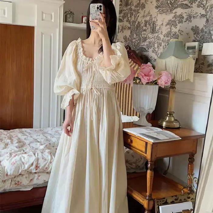 Vysokokvalitná vintage mäkká čistá bavlnená dlhá nočná košeľa pre ženy s dlhými rukávmi
