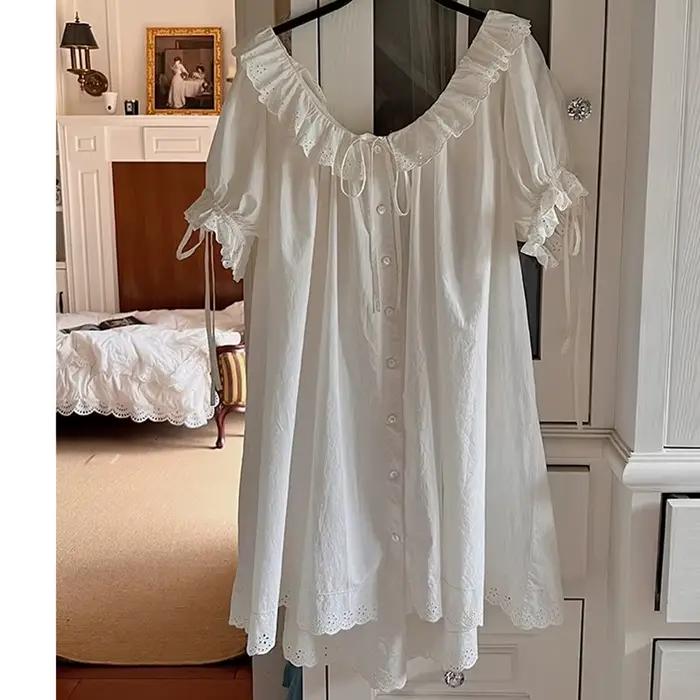 Femmes françaises douce chemise de nuit grande taille Cardigan 100% coton nuisette princesse Vintage volants col manches courtes chemises de nuit