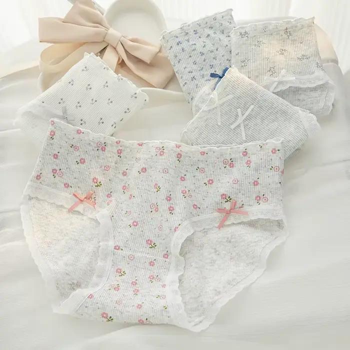Doux fleur imprimé taille moyenne confortable fille culottes femmes slips mode nœud papillon caleçons été coton culottes intimes