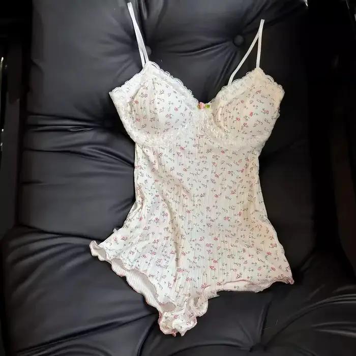 Body sexy pour femme à imprimé floral, avec dentelle, sans manches, coupe ajustée, combinaison d'été, lingerie sexy, vêtements de nuit