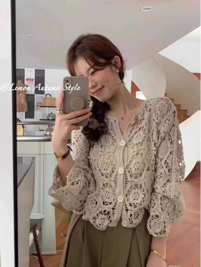 Dlhé rukávy Háčkovaný vrch na pláž Bikiny zakrytie gombíkovaný Cardigan Blúzka pre ženy blusas para mujer dovolenka B