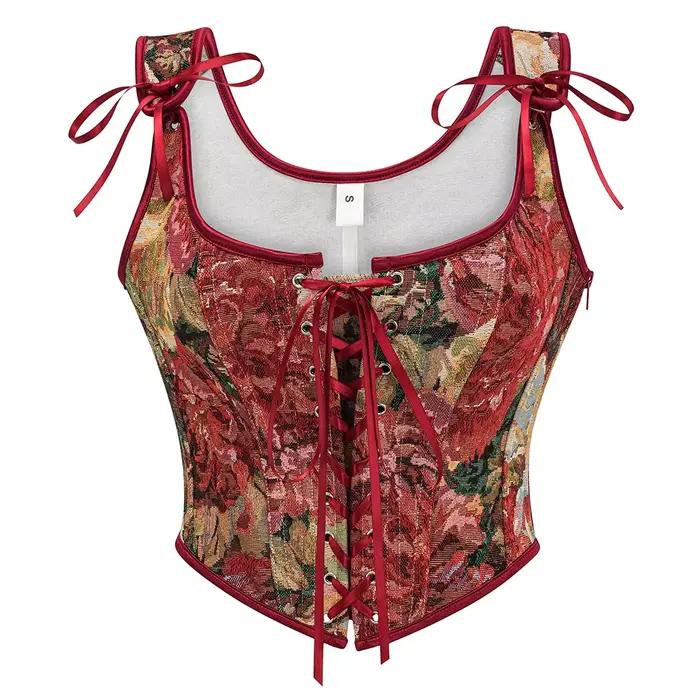 Bustier noir à motif floral avec baleines, gilet sexy style steampunk, corset amincissant médiéval pour femme, haut gothique à lacets, vêtement vintage