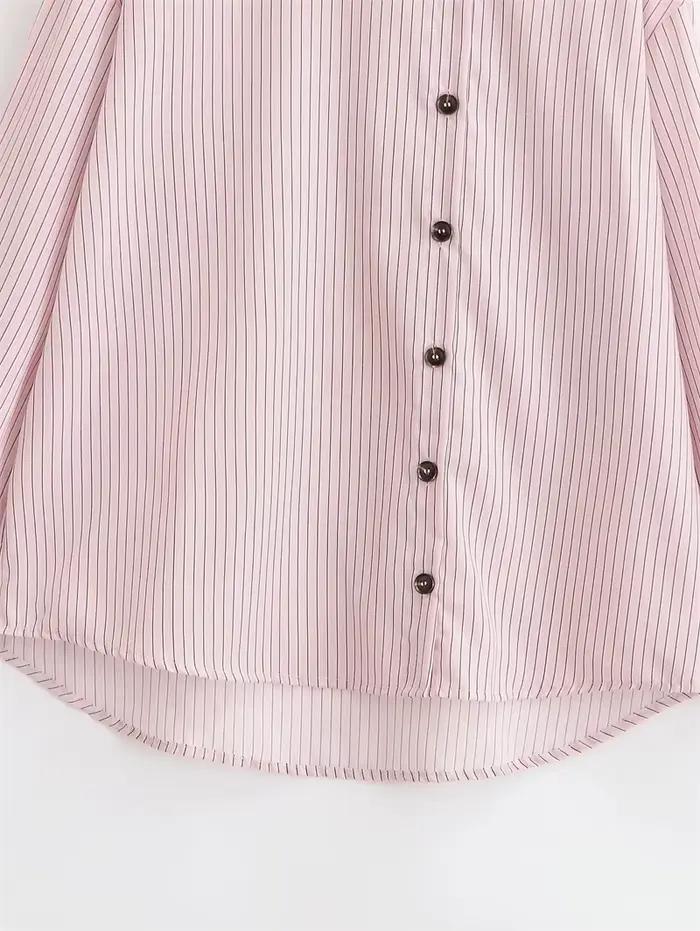 Chemise décontractée polyester rayée pour femmes, coupe ample, printemps-automne, style moderne, confort optimal, ajustement lâche, fermeture boutonnée, ouverture totale, artisanat tat, longueur régulière