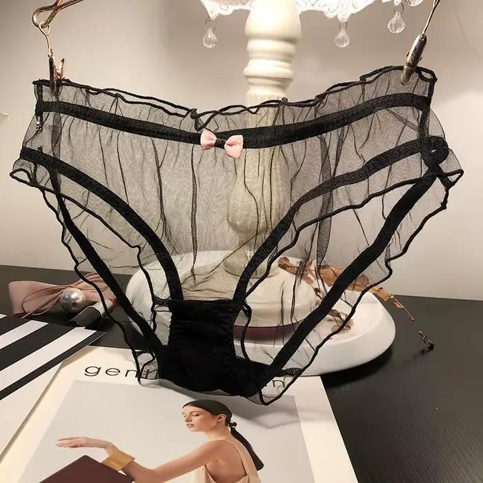 Ženy Sexy priesvitné ružové nohavičky s mašľou bavlnený klin slipy žena sieťovaná spodná bielizeň priedušná vlnitý okraj duté tangá