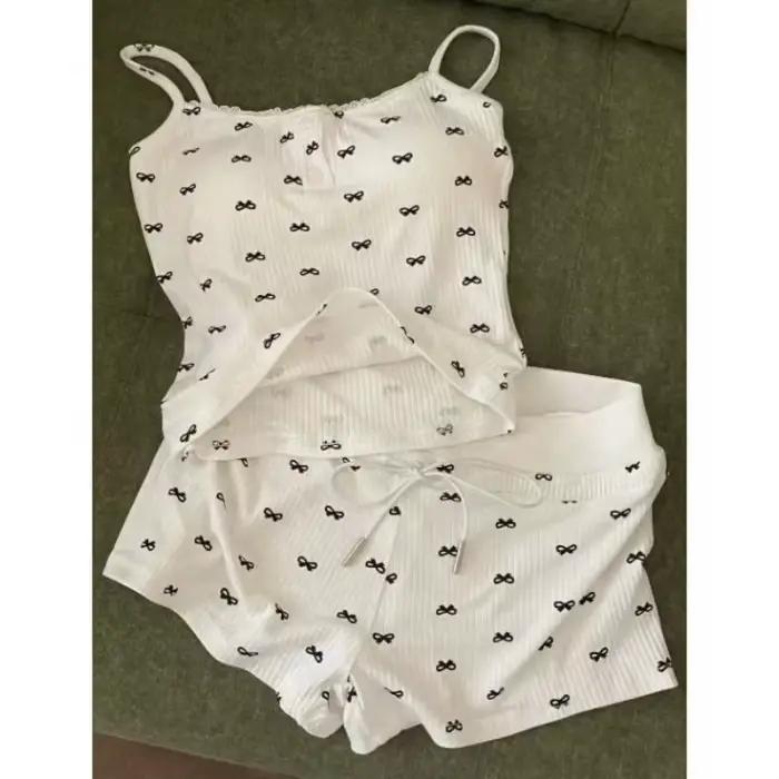 Ensemble de pyjama d'été pour femme avec nœud, débardeur et short, 2 pièces, décontracté, respirant, coupe ajustée, ensemble de lingerie de nuit