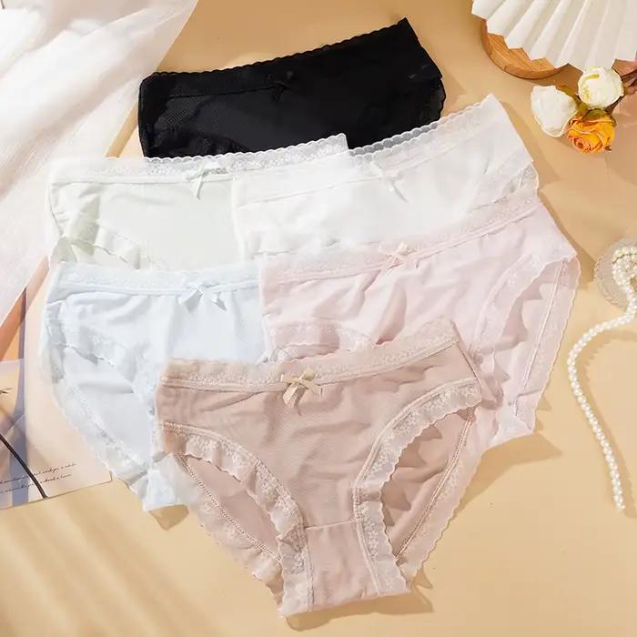 Femmes Sexy culottes couleur unie sous-vêtements respirants dentelle nœud Lingerie femme Ultra mince Transparent slips nouveau