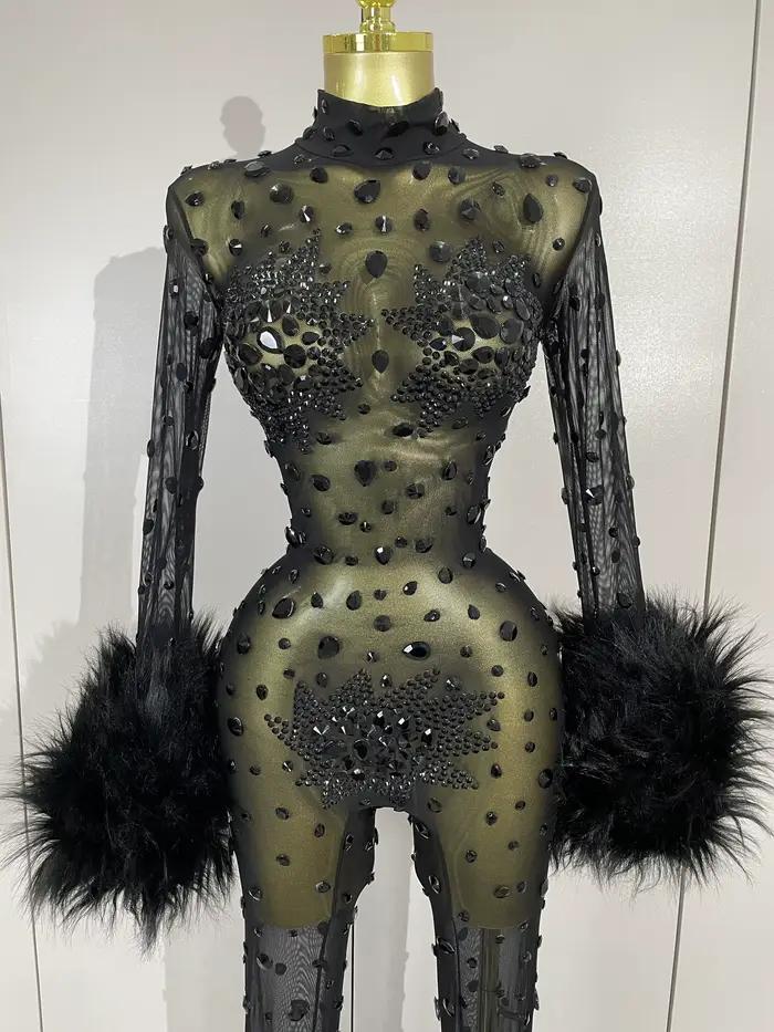 Luxusné čierne diamantové sieťované priehľadné elastické body s dlhým rukávom pre ženy Sexy Performance spevák Cos