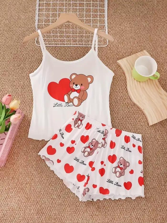 Ensemble pyjama et short pour femmes, vêtements de maison, ours mignon + cœur de pêche rouge imprimé, sous-vêtements, Lingerie Sexy, Camisoles, vêtements de nuit