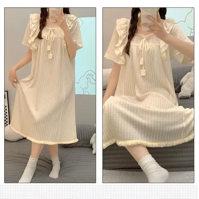 Chemise de nuit en coton grande taille avec coussinets de poitrine pour femme, pyjama de style princesse, vêtements de détente d'été à manches courtes, peut être porté à l'extérieur
