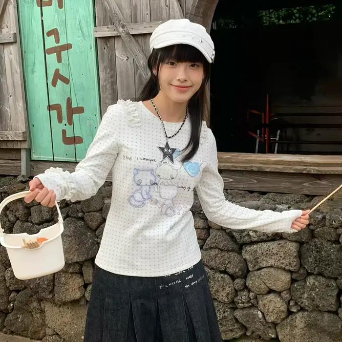 Karrram japonský Y2k Anime potlačený pletený top 2000s estetický s dlhým rukávom Tričko Cutecore s bodkami rebrovaný top Kawaii mačka