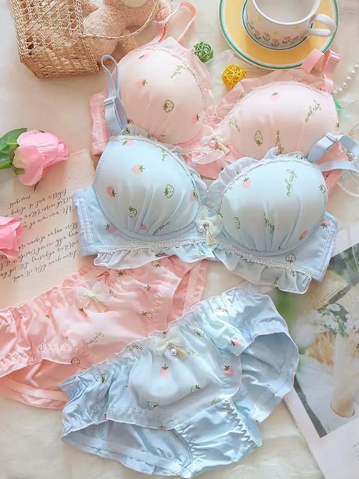 Ensemble de lingerie fraise douce pour femmes, grande taille, mignon, imprimé de dessin animé japonais, bralette sans anneau en acier, micro rassemblement, sous-vêtements