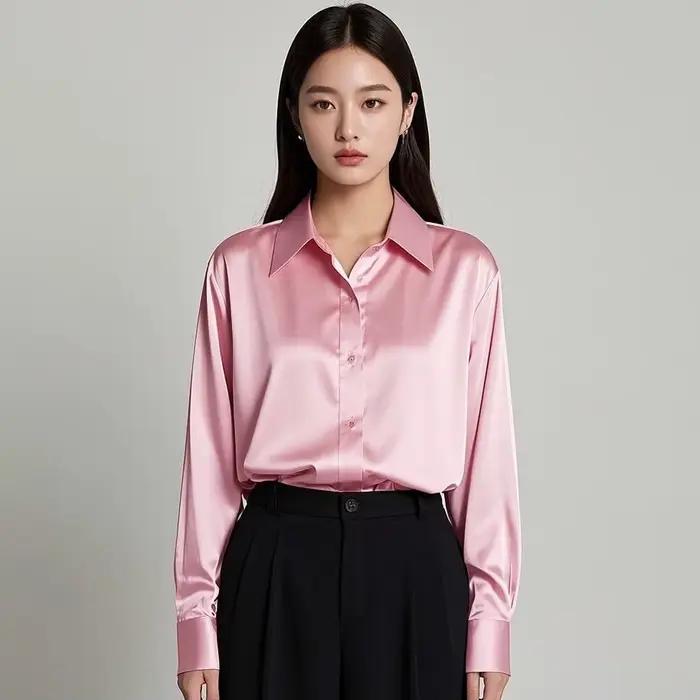 Kórejská dámska kancelárska módna ležérna košeľa Elegantné blúzky pre ženy Satin viacfarebná základná tenká