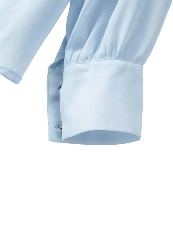 Chemise à manches longues bleue style Hebe pour femme, élégante, col en V, amincissante, avec bordure effet bois, chic pour le bureau