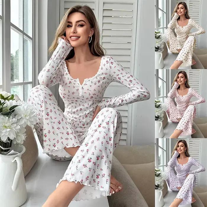 Ensemble pyjama pour femmes, doux et confortable, imprimé Floral, sexy, haut à manches longues et pantalon, vêtements de nuit, ensemble deux pièces, vêtements de maison