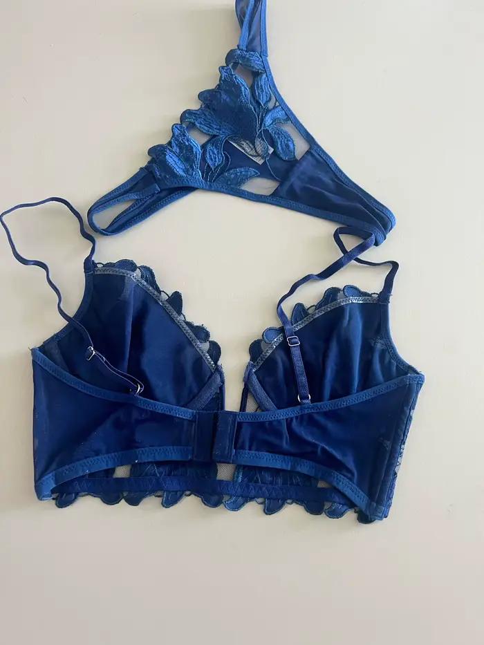 Bleu marine profond v sous-vêtements sexy broderie dentelle sexy ultra-mince soutien-gorge slips costume anneau en acier haut soutien ensemble de lingerie