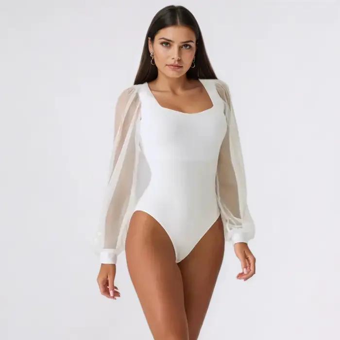 BornToGirl Sexy Body pre ženy čierna biela priliehavá s dlhými rukávmi jednodielna sieťovaná