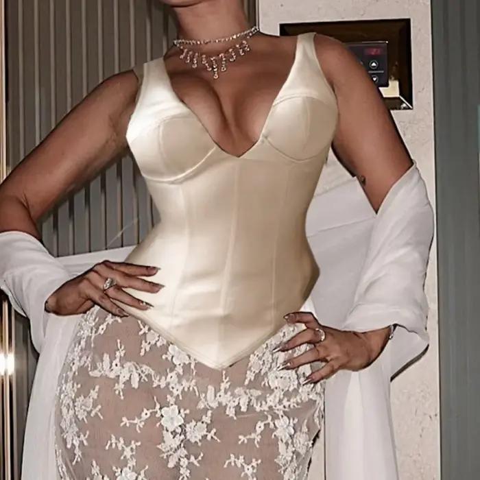 Débardeur Femme en Satin Champagne, Col en V, Style Corset, Sexy, Sans Manches, Dos Nu, Coupe Ajustée, Élégant, Décontracté, pour l'Été