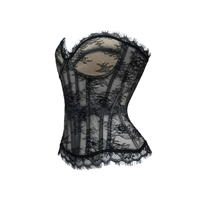 Femmes fantaisie Corset Busiter surbuste bonnets Push poitrine dentelle florale corsage Sext Tansparent bretelles culture hauts à lacets en acier