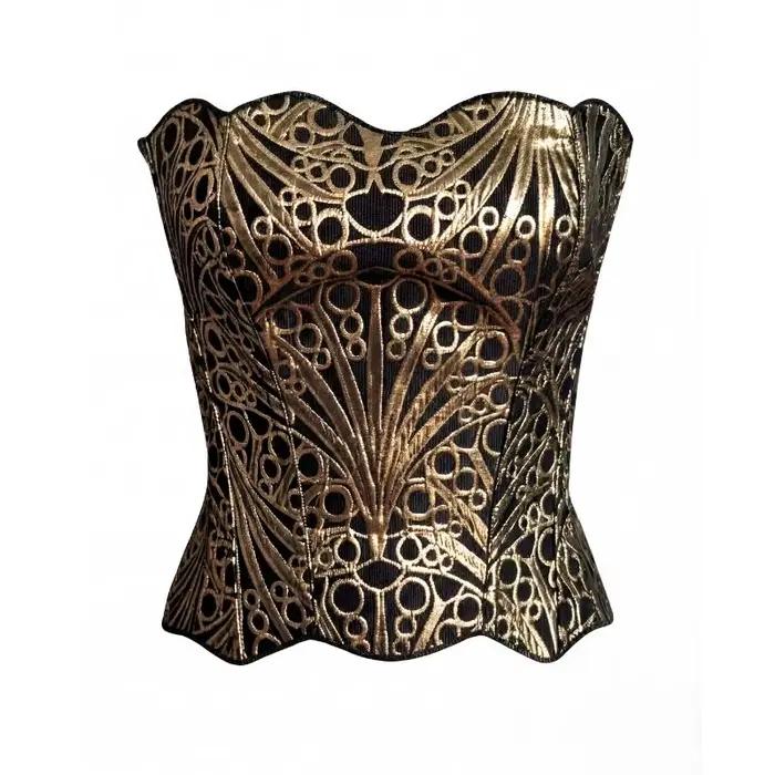 Haut corset vintage noir/doré à motifs, corsage structuré sans bretelles avec baleines