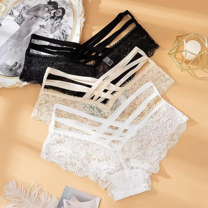 Culotte Sexy en dentelle pour femmes, taille basse, couleur unie, sous-vêtements féminins, ajouré croisé, Lingerie intime sans couture