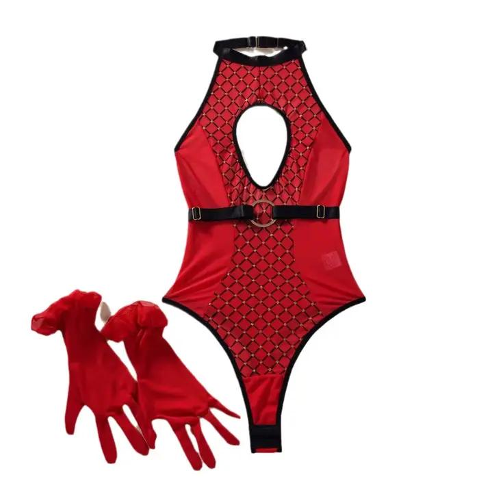 Sexy dámska bielizeň, 7.0 Lingge Patchwork Hollow Out Slim Fit Jumpsuit