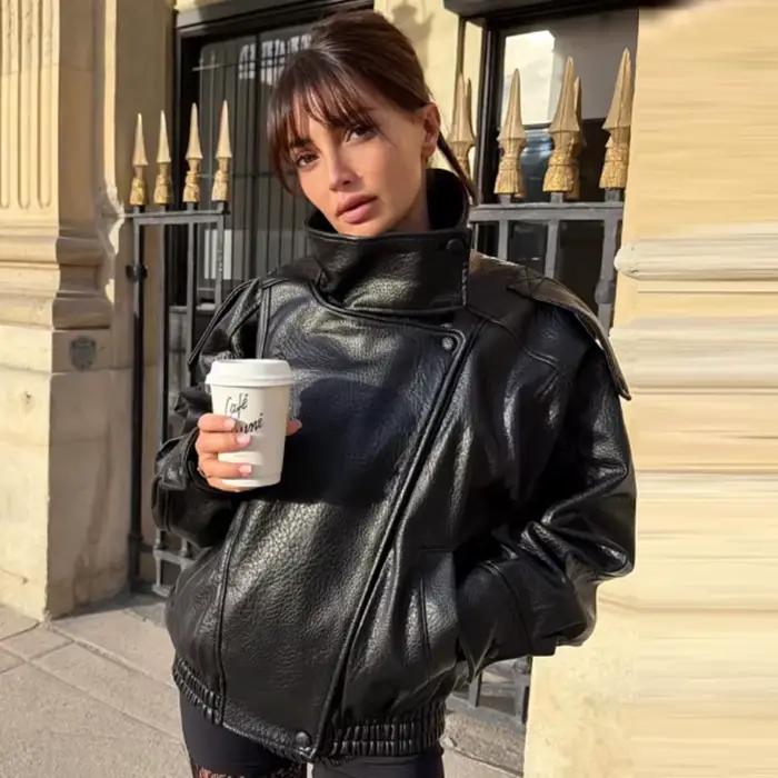 HXAO Novinka Dámska Bomber Bunda z Čiernej Kože Strihaná Oversized Vonkajšie Oblečenie so Zipsom
