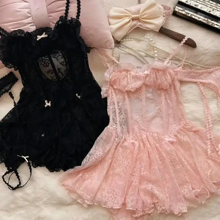 Čierna módna sexy sieťovaná čipka s podväzkami jemná ružová nočná košeľa s nohavičkami súprava spodnej bielizne vysokej kvality