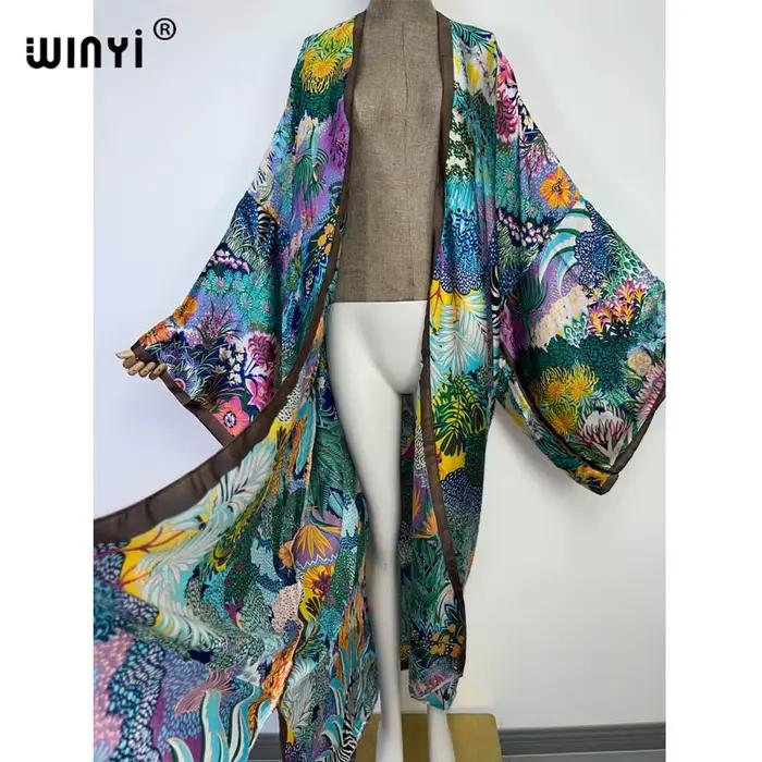 WINYI nové letné dámske Cardigan bodkované Koktejlové Sexcy Boho Maxi africké prázdniny netopierie rukávy hodvábny pocit