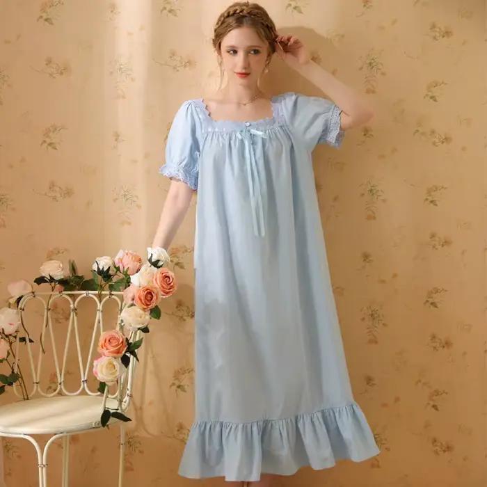 Robe pyjama de Style palais pour femmes, en coton, longue, Sexy, rétro, princesse française, manches courtes, couleur unie, vêtements de nuit, 2023