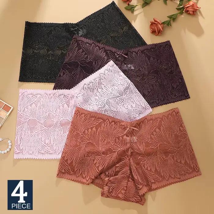 4 pièces/ensemble culottes en dentelle pour femmes Floral évider Style Cheekie sous-vêtements Sexy femme intimes Lingerie Finetoo conception culotte