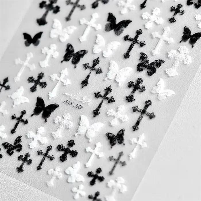 Žena Sexy čierna biela čipka motýľ kríž 5D jemný reliéf Reliéfna samolepiaca Nail Art dekorácia nálepka manu