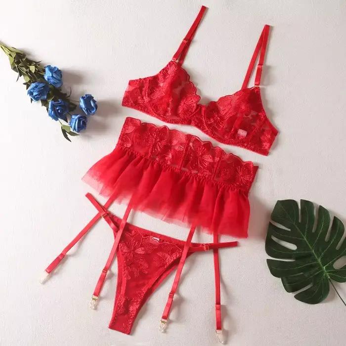 Toucheart-Ensemble de lingerie 3 pièces pour femme, jarretelles, mini jupe, soutien-gorge brodé transparent, sous-vêtements sexy, nouveau, 7.0