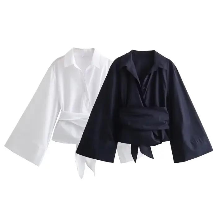 Blouse en coton et polyester décontractée à col en V pour femmes junior occasions printemps été bureau