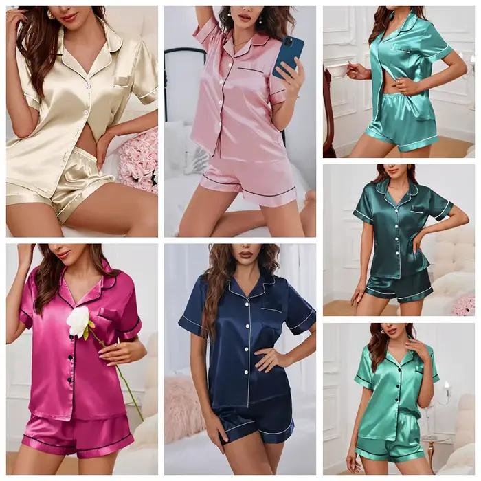 Ensemble de pyjamas pour femmes en polyester et élasthanne avec col rabattu et shorts pour nuits d'été et occasions spéciales