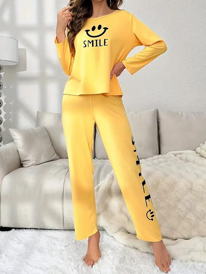 Ensemble de pyjama décontracté pour femmes, imprimé mignon, manches longues, pour le printemps et l'été, adapté à un usage quotidien et peut être porté à l'extérieur