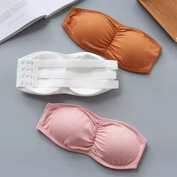 Soutien-gorge bandeau côtelé sans bretelles pour femme, anti-dérapant, froncé, avec coussinets amovibles et respirants, crochets dorsaux réglables, taille unique
