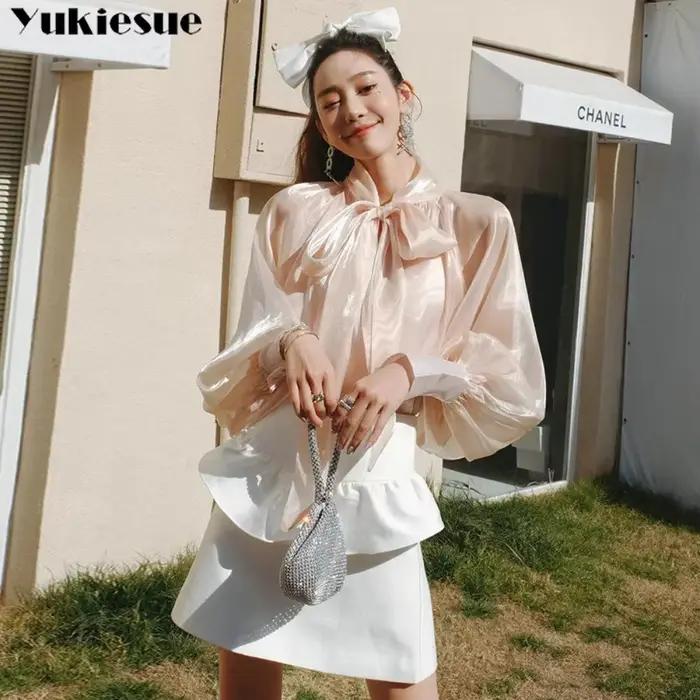Jarné a jesenné dámske módne topy nové košele s lampiónovými rukávmi a stojačikom jednofarebné ležérne vintage elegantné