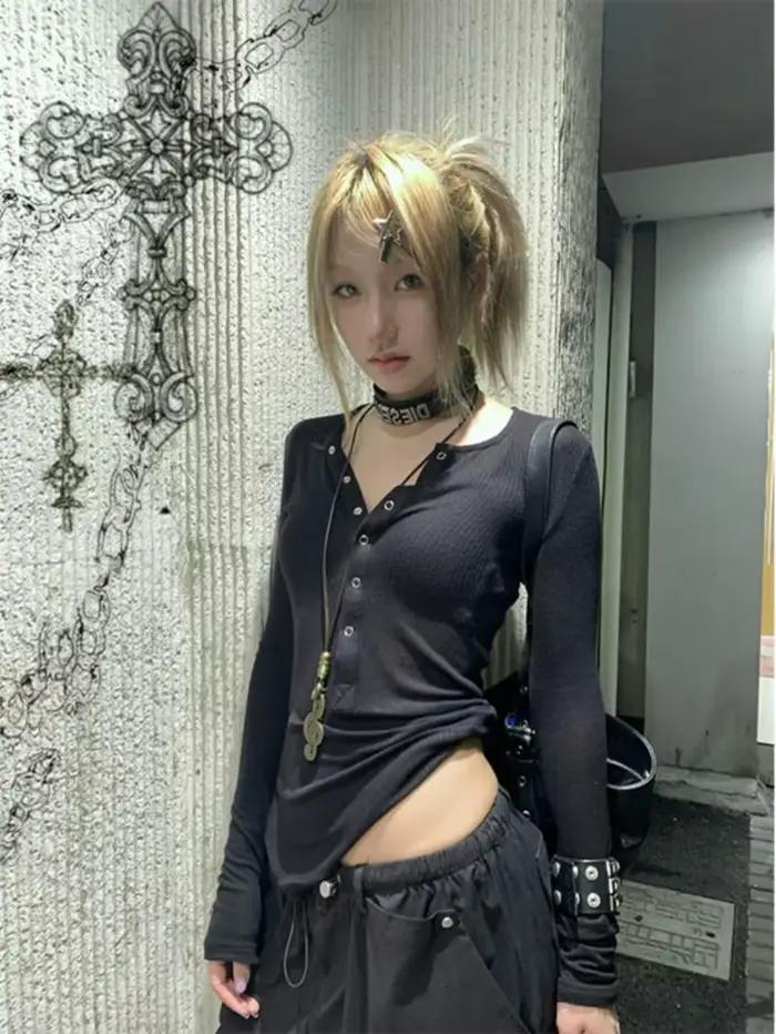 Tonngirls Y2K japonské tričko pre ženy s čipkovanými dlhými rukávmi s grafickou potlačou