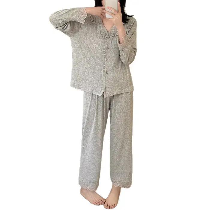 Nouveaux pyjamas pour femmes 2026 – Ensemble deux pièces en modal et dentelle à petit col, cardigan à manches longues, idéal printemps-automne