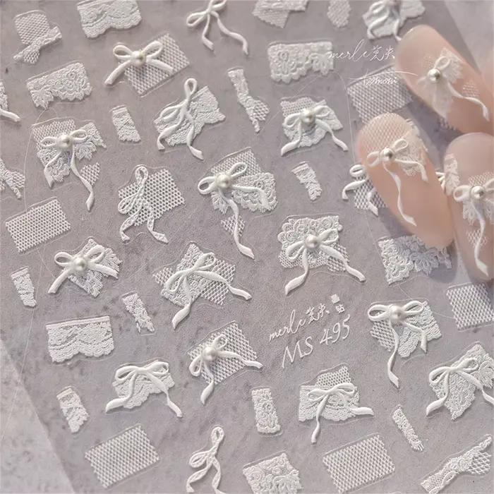 1 kus 5D japonský biely čipkovaný motýlik Nail Art nálepky perla kamienky dekorácia nechtov lepiaca nálepka