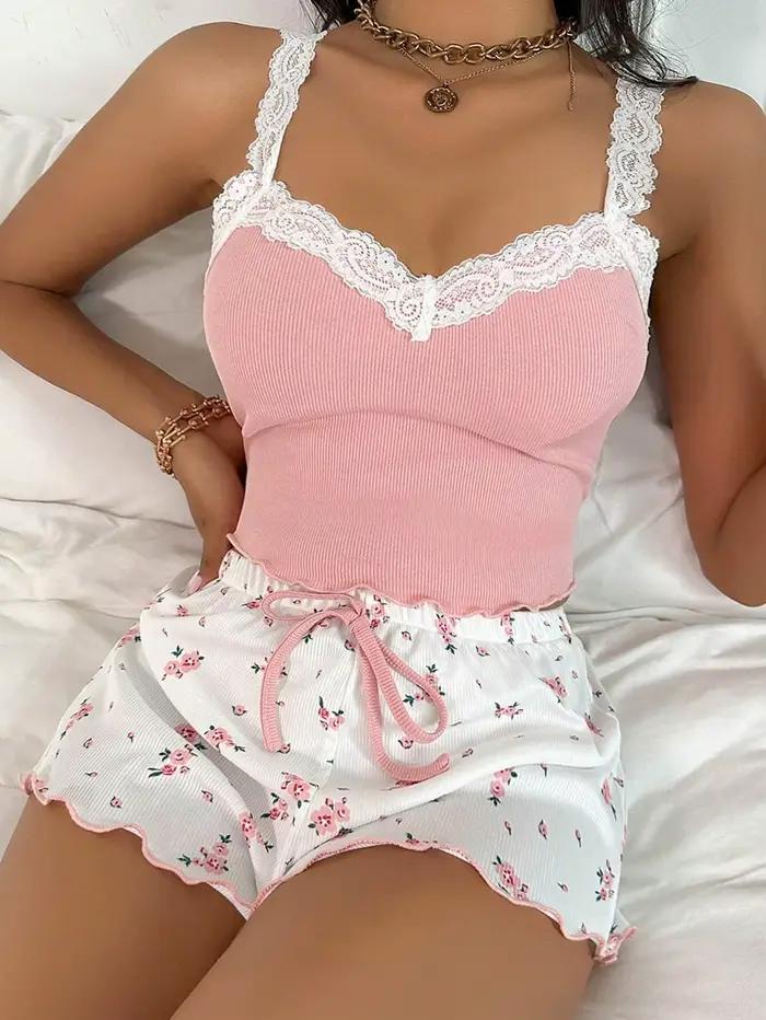 Nouvelle collection 2026 – Ensemble de nuit sexy en dentelle pour femme : caraco et short ajustés, tenue d'intérieur deux pièces – Rose, café, bleu