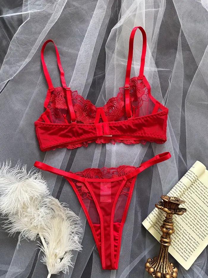 Červené sexy body Lingerie pre ženy čipka priesvitné spodné prádlo víla výšivka krátke súpravy jemná podprsenka